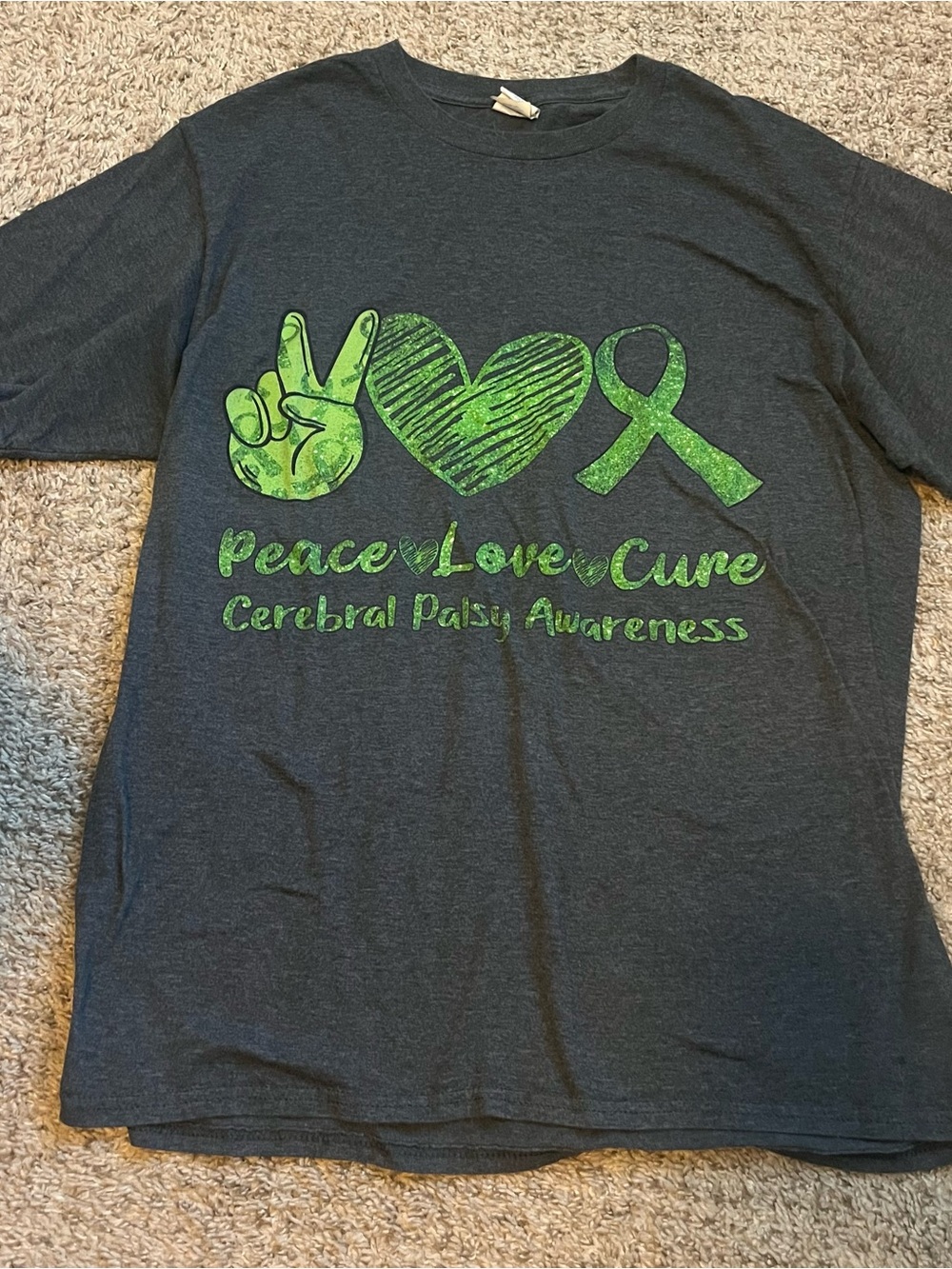 Port and Company Charcoal Tee with Lime Green Peace Love Cure Design